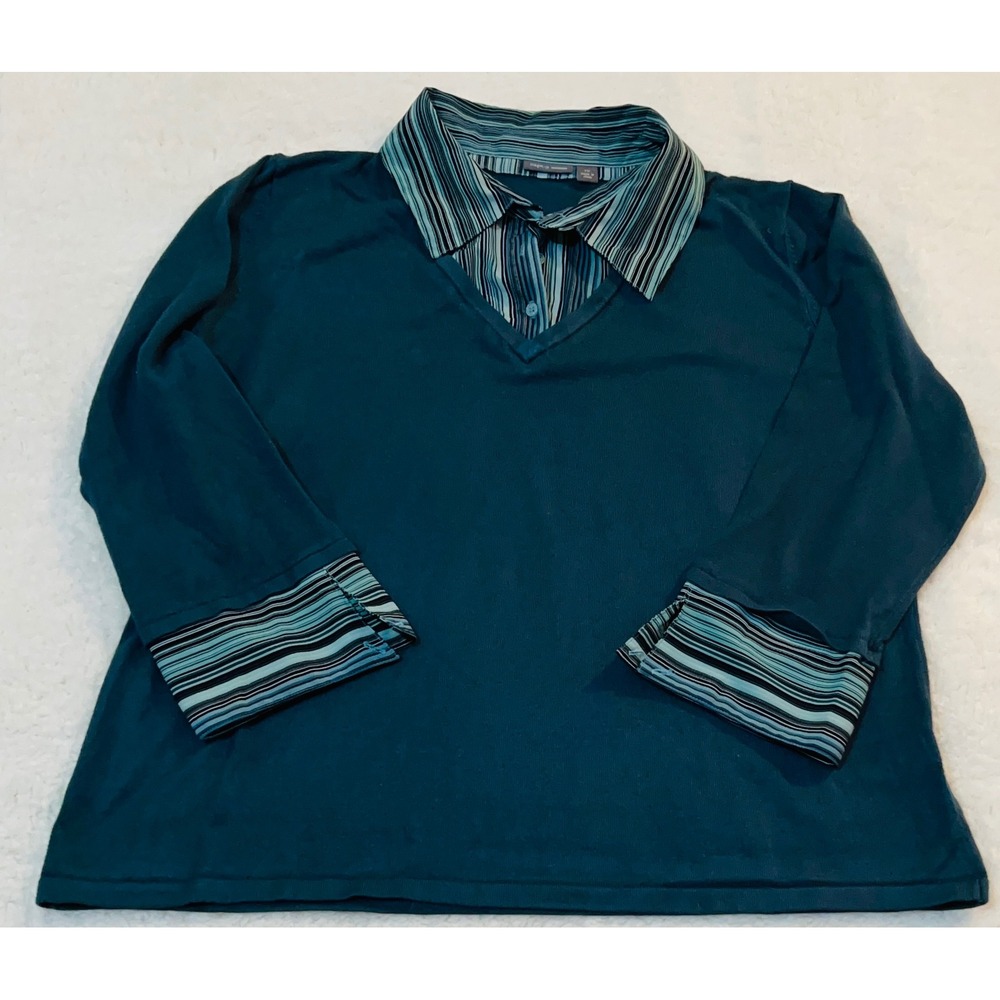 Apt. 9 Woman Teal Blue Layered Look Sweater Striped Collar Cuffs Plus Size 1X